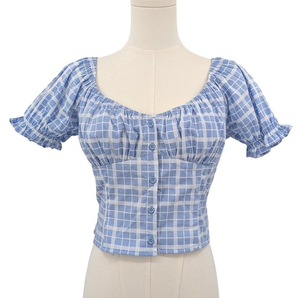 Forever 21 Tops - NWT Forever 21 Blue Gingham Puff Sleeve Crop Top Sz L‎ Cottagecore Coquette